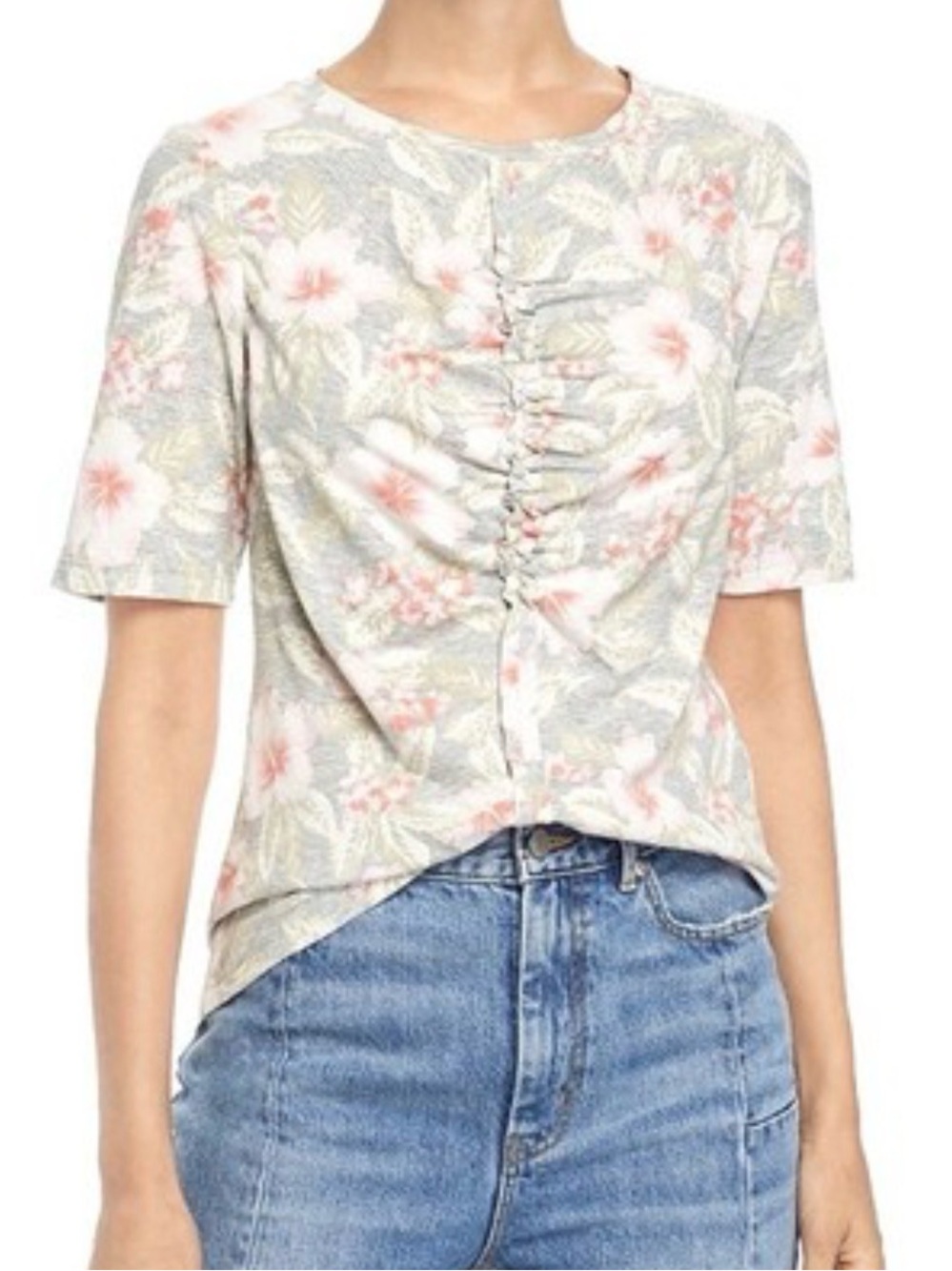 Rebecca Taylor Floral Ruched Front Tee - White & Pink